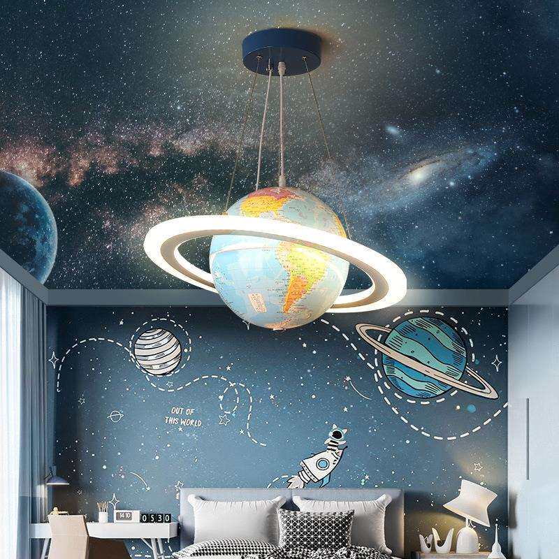 LED儿童房吊线灯创意卡通真实地理地球仪装饰星球男孩卧室灯