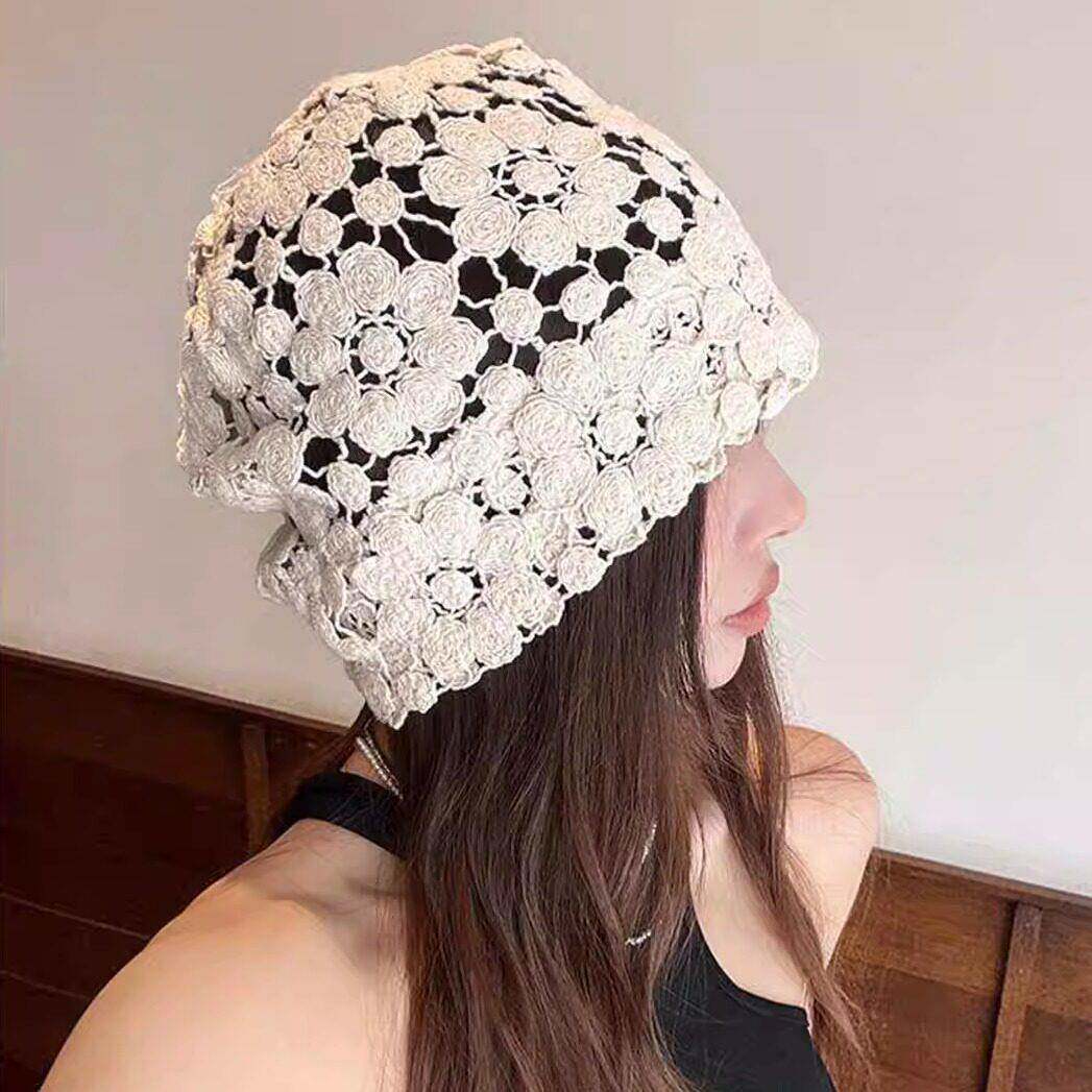 新款强推!手工花朵镂空堆堆帽女薄款头巾帽甜美包头帽时尚套头帽