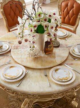 欧餐大Z03理石圆餐桌椅组式合用实桌木雕花圆桌餐厅带转盘吃饭家