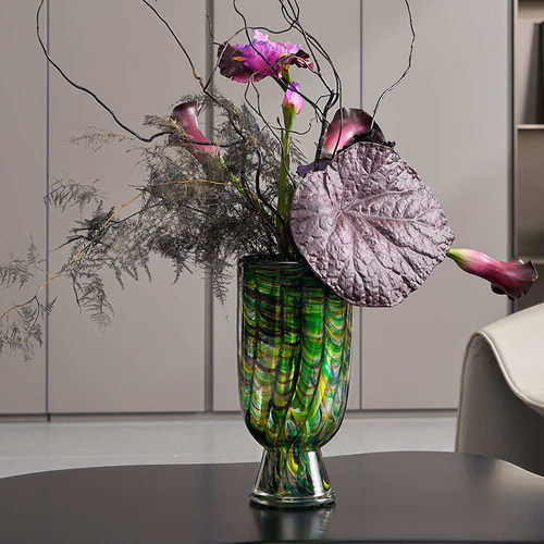 现代简约样板间客厅孔雀绿色花瓶花器插花花艺组合电视柜装饰摆件