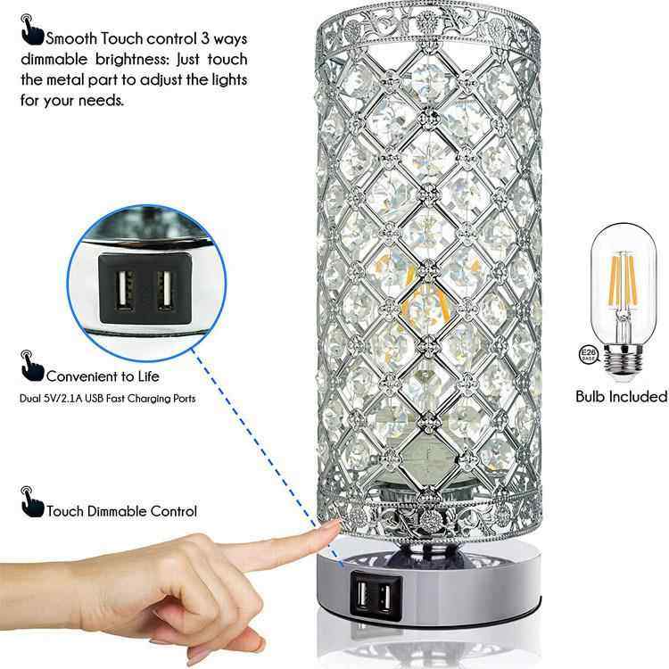 USB床头水晶台灯家居卧室客厅五金电镀led水晶台灯台灯