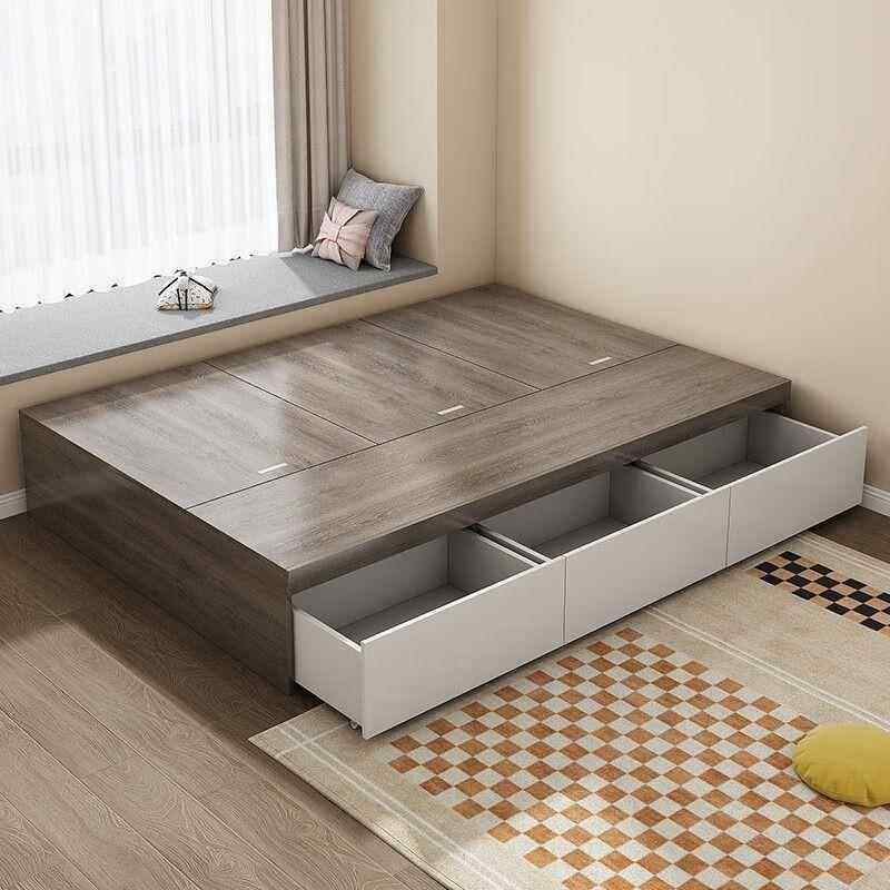 双人床榻榻地无床头储物床床实木现代HQJ简约台米单人床柜一体客