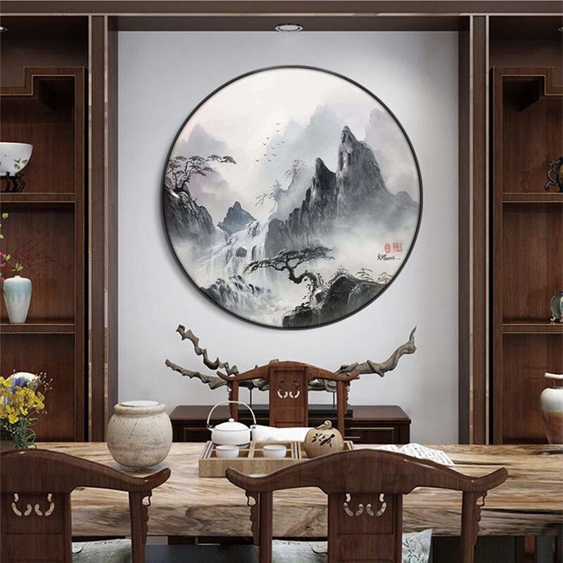 手绘油画圆形玄关装饰画新中式客厅壁画山水风景走廊过道手工肌理