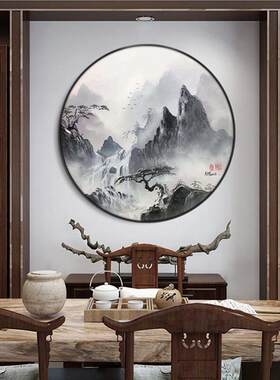 手绘油画圆形玄关装饰画新中式客厅壁画山水风景走廊过道手工肌理