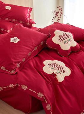 喜被字ZWV新婚庆四S件长绒套棉全棉100纯棉贴布绣红色结婚套简约