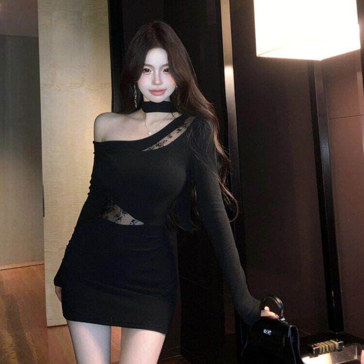 直播衣服女主播服装上镜纯欲风辣妹性感长袖黑色单肩露肩连衣裙
