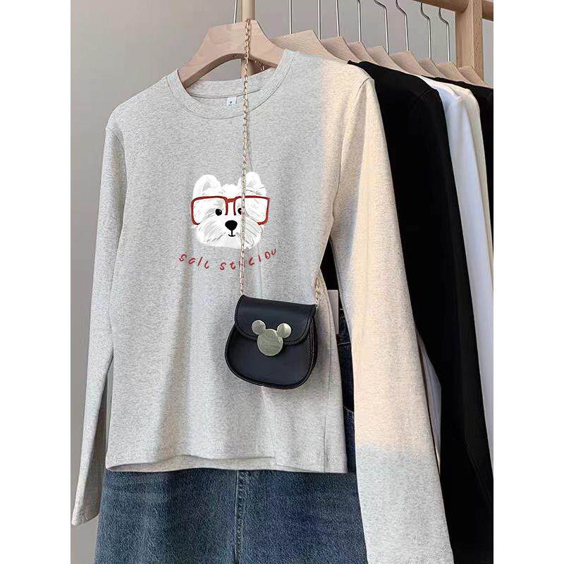 韩国纯棉磨毛正肩圆领长袖t恤女小众不撞款休闲减龄百搭厚款上衣