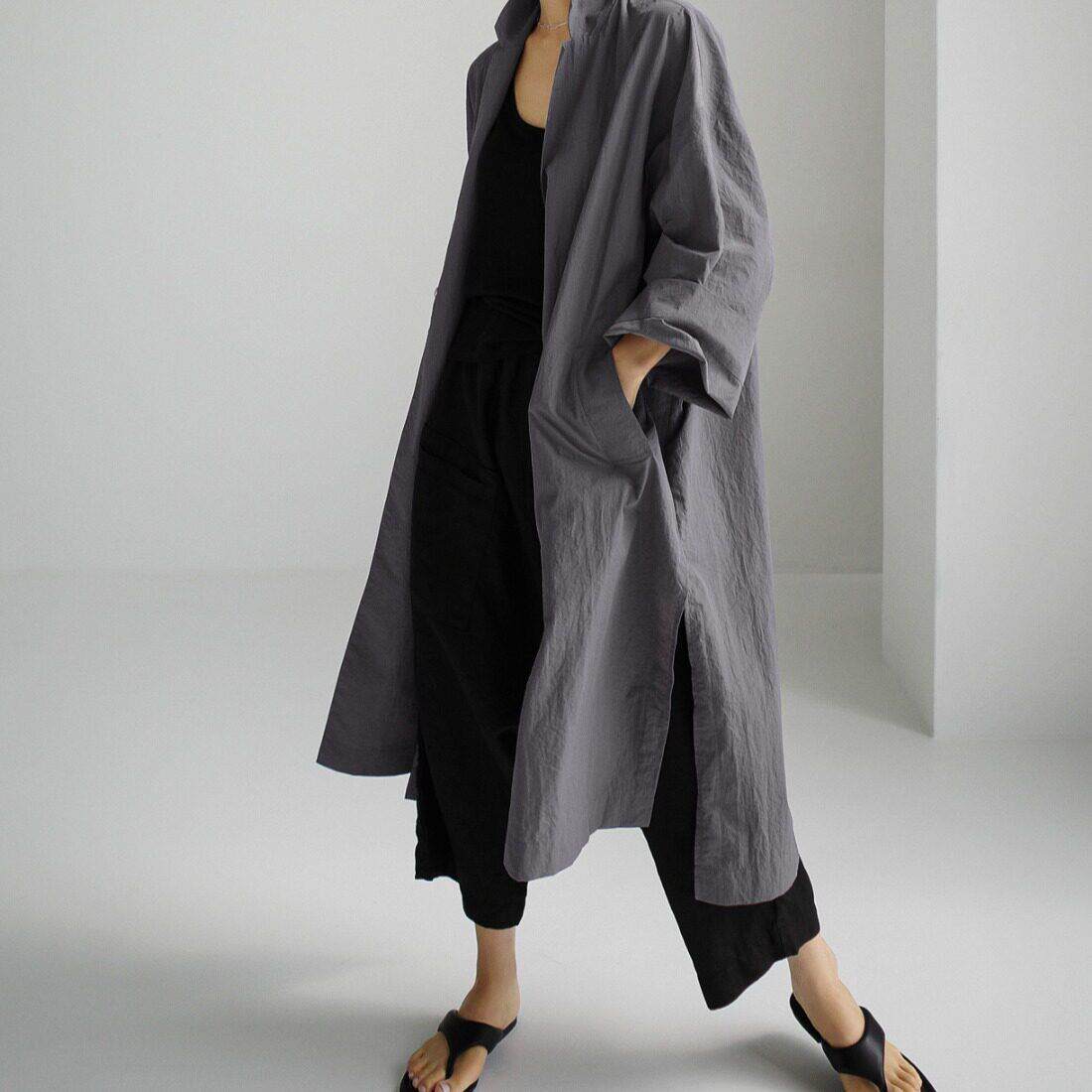 2026新款韩国chic 衬衫连衣裙过膝长款开叉bf棉麻风衣外套女