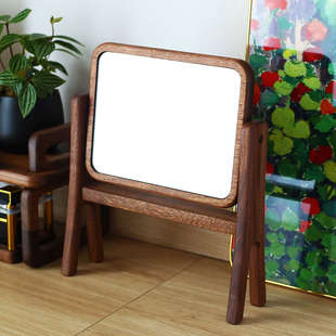 黑胡桃实木化妆镜台式桌面折叠梳妆镜便携随身简约原木高清镜子