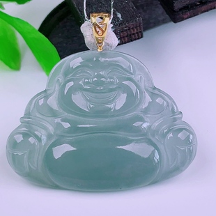 天然真品翡翠18k金镶嵌冰蓝色天空蓝高端精品时尚闪拍佛公玉吊坠