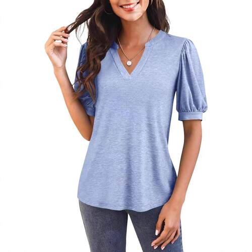 Womens V Neck T Shirts Casual Puff Sleeve Loose Dressy