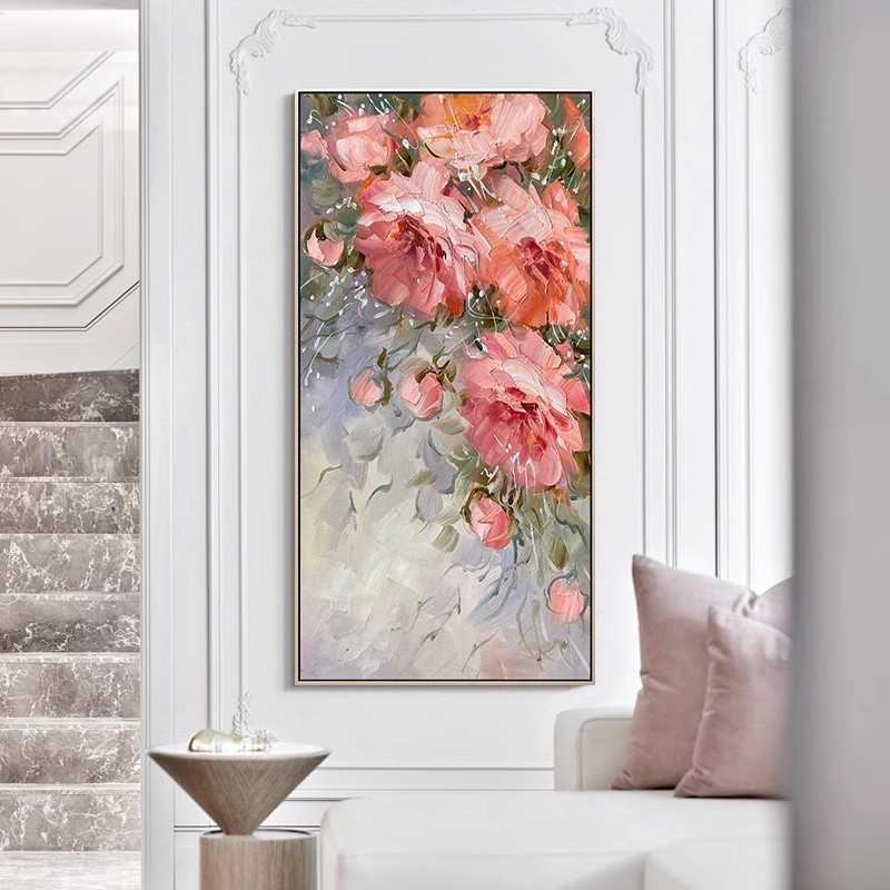 手绘油画牡丹玄关画轻奢北欧风抽象花卉艺术画中式客厅肌理装饰画图片