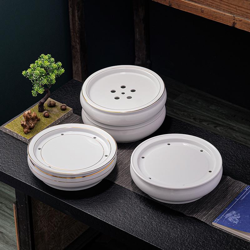 经典羊脂玉茶盘家用办公室简约描金白瓷茶台蓄水茶海功夫茶池批发