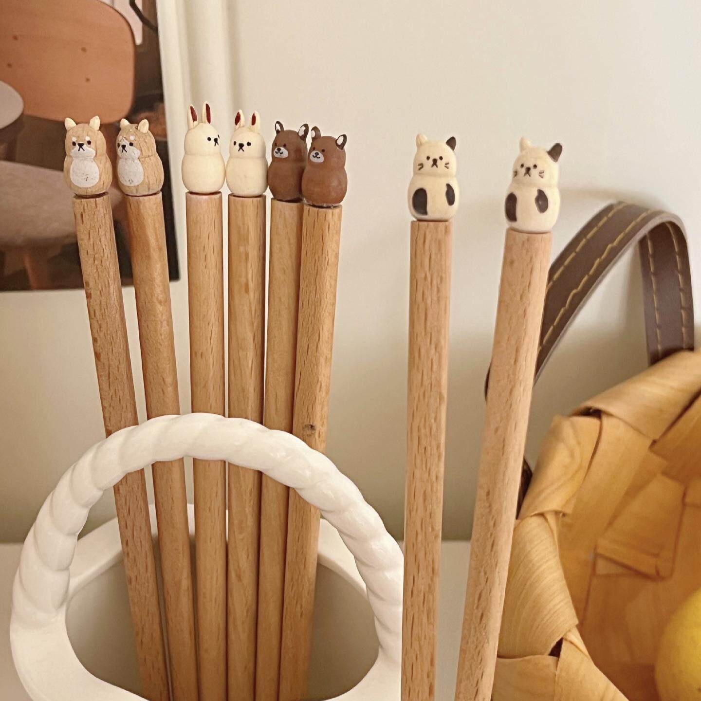 【元槿竹木】可爱柴犬熊兔子猫咪餐具榉木筷子儿童筷18cm