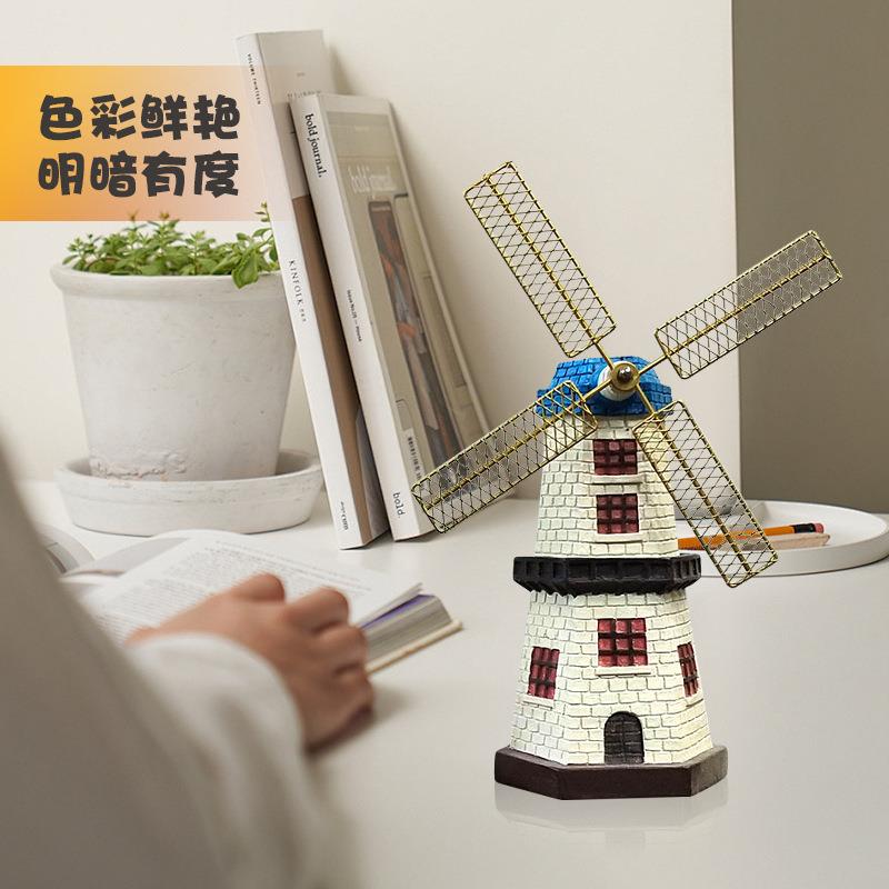 荷兰创意风模型复古架树脂摆车件园装饰品书柜摆设田风节风车树脂