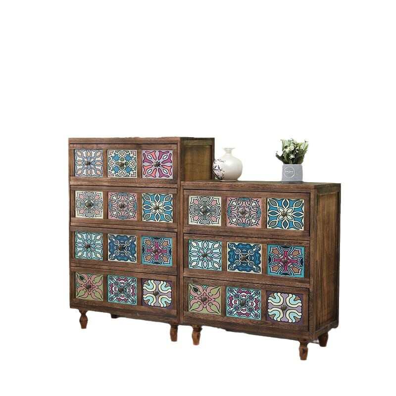 欧式田园实木复古斗柜靠墙多功能储物柜美式玄关柜做旧装饰小柜子