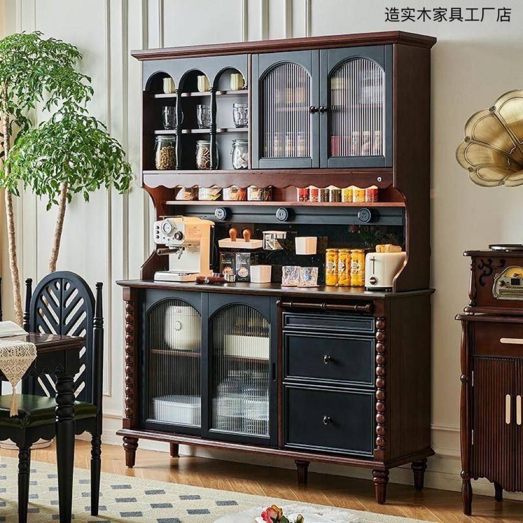 美式黑色实木餐边柜靠墙一体收纳柜饭厅茶水柜覆古咖啡碗橱收纳柜
