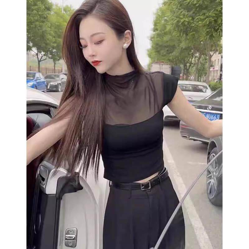 半高领网纱拼接短袖T恤女春夏季欧货微透视上衣修身高腰露脐小衫