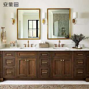 美式复古浴室柜实木做旧洗漱台卫生间落地洗手脸面池双盆组合
