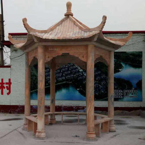 厂家批发晚霞红石雕凉亭公园小区用休闲亭子石材六角大理石凉亭