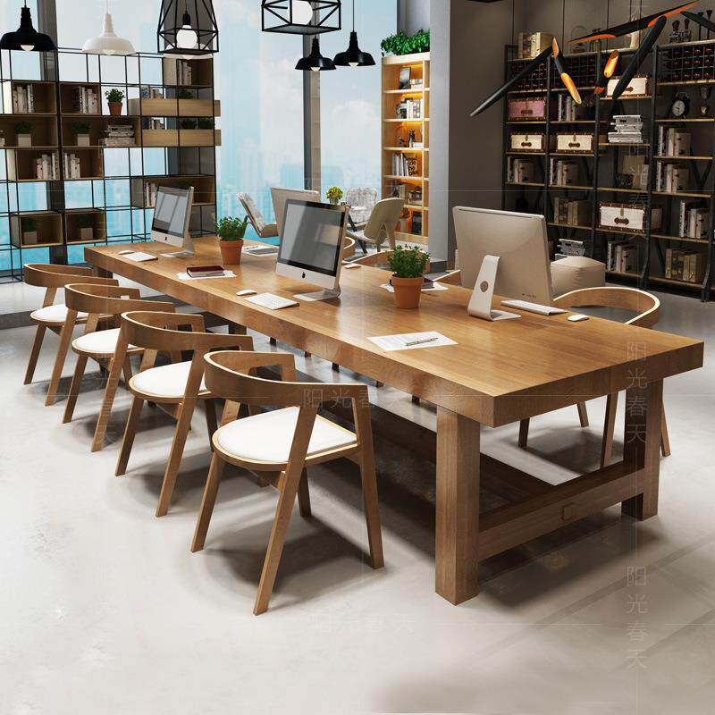 北欧大型会议长桌工业风loft长方形原木家具长条洽谈办公桌椅组合