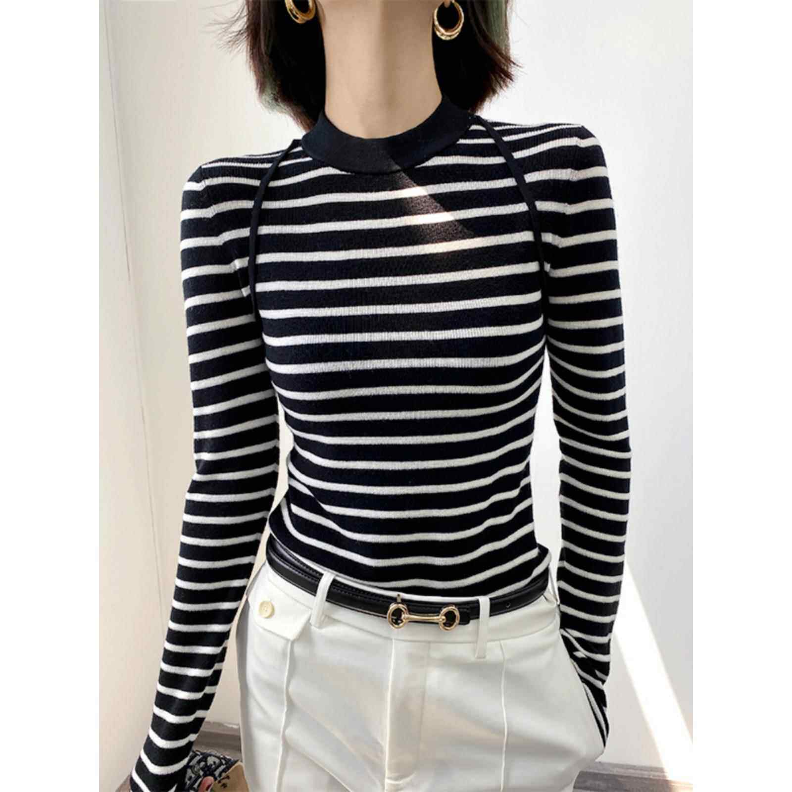 法国Rouje Dsyle黑白条纹长袖打底针织衫女秋季羊毛内搭薄款上衣