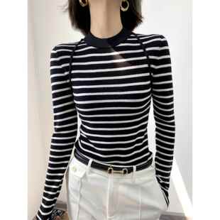 法国Rouje Dsyle黑白条纹长袖打底针织衫女秋季羊毛内搭薄款上衣