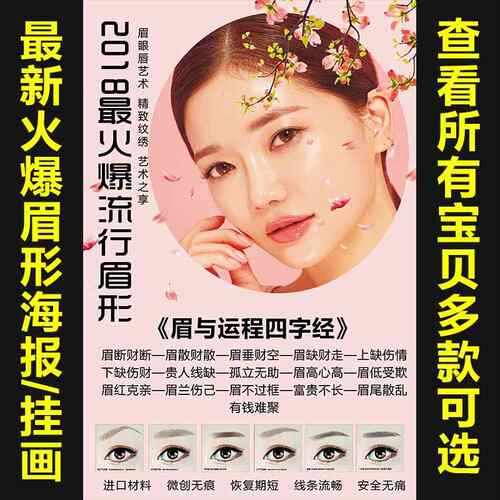 2018流行眉形眉眼唇挂画纹绣海报 纹眉韩式贴画贴纸定制海报552