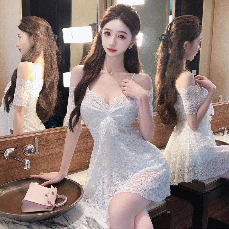 夏季纯欲性感低胸蕾丝露肩连衣裙女夜场辣妹一字领收腰显瘦字裙