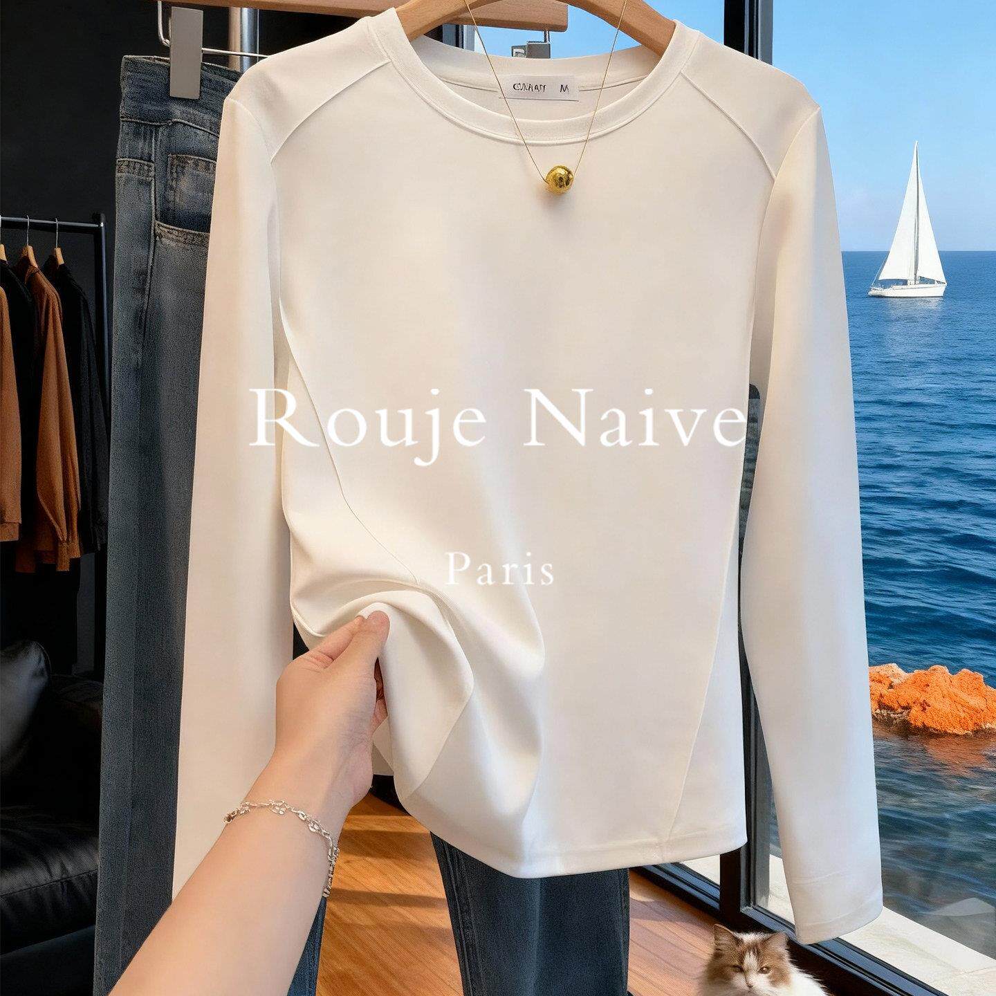 Rouje Naive2026早春新款正肩圆领长袖白色t恤女宽松纯棉春季上衣