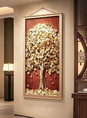 新中式红色发财树装饰画免打孔玄关过道挂画遮挡美化电表箱墙壁画