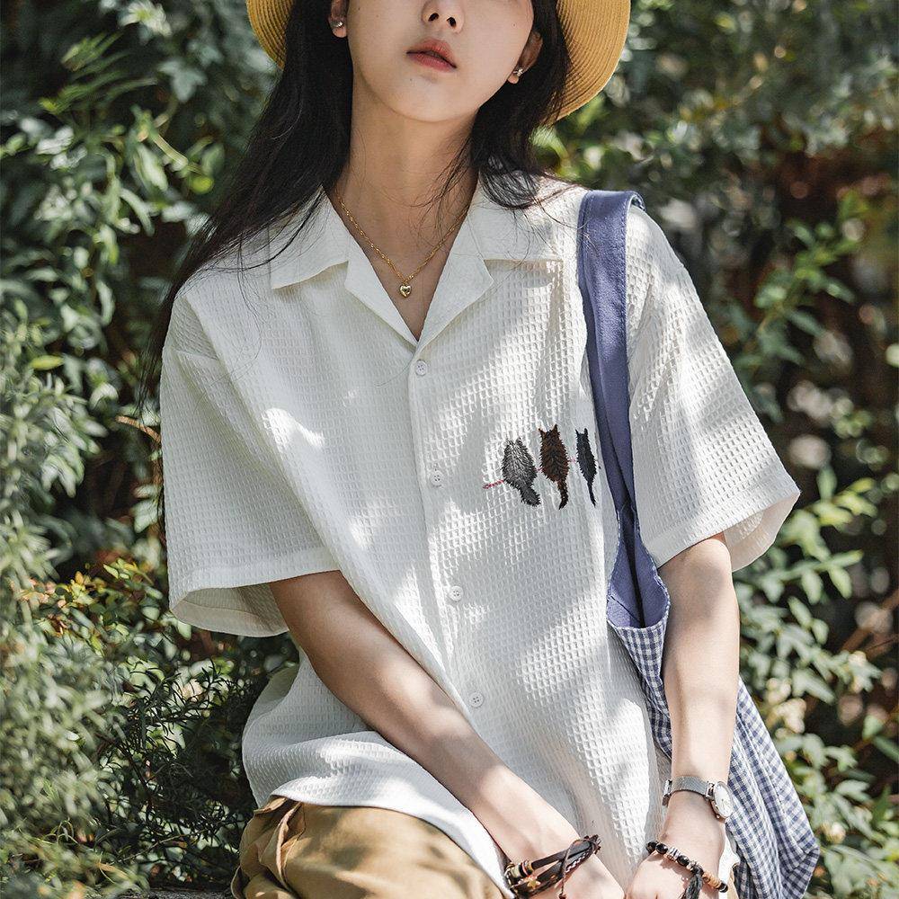 马登华夫格衬衫薄正肩上衣刺绣宽松日系通勤衬衫短袖女t恤夏款女