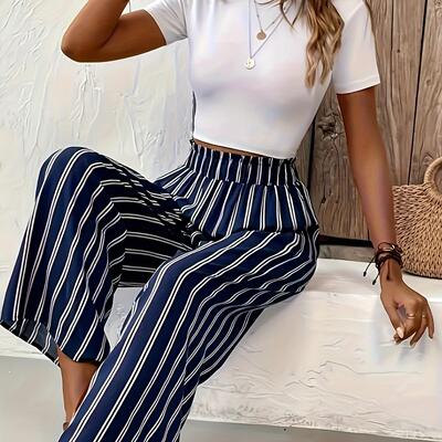 Women Striped Print Pocket Leg Pants Casual Comfy Baggy