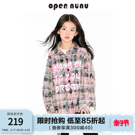 opennunu女童美式印花长袖衬衫春秋儿童格子，衬衣微磨毛外套