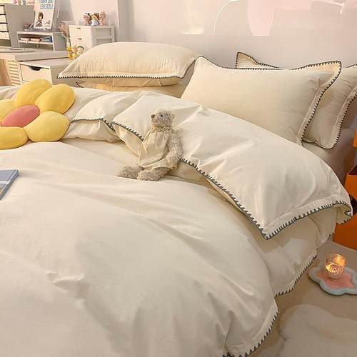 A类全棉水洗棉纯色床上四件套纯棉贝壳边款床单床笠款三件套~