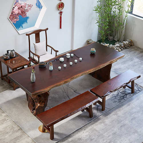 新中式松木茶桌 家用会客带茶盘泡茶桌椅组合办公室功夫大板茶台
