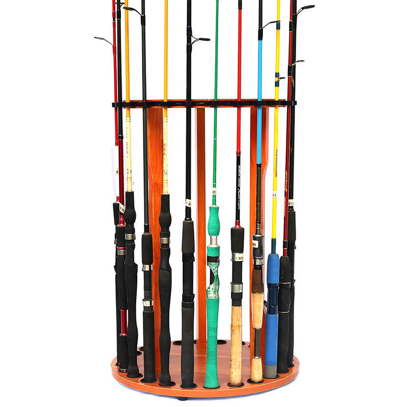 24杆橡木色大号圆盘鱼竿展示架 旋转式 木制多功能鱼竿展挂架