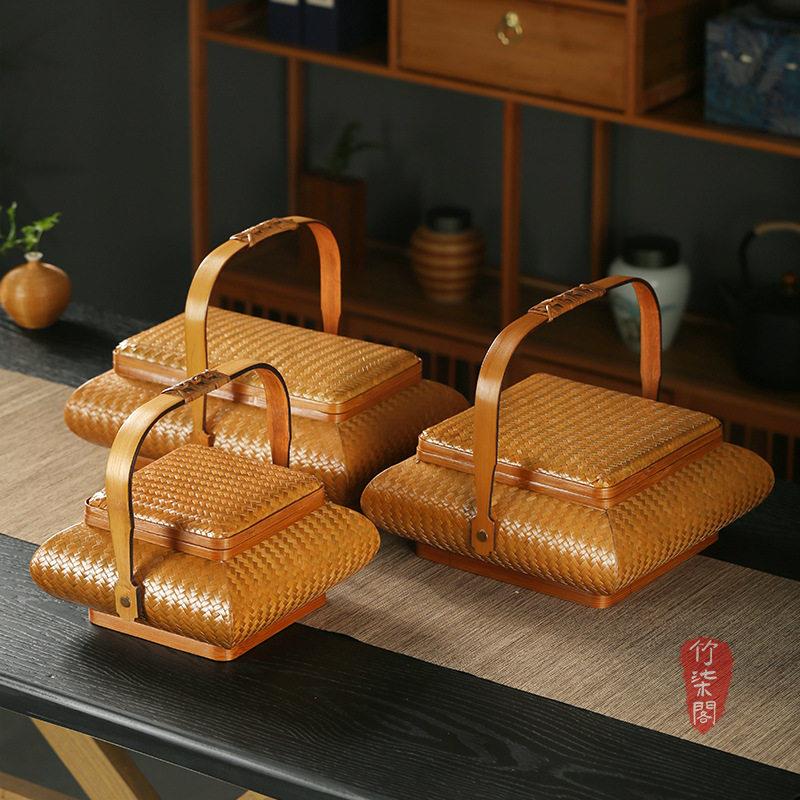 中式纯手工竹编提篮手提袋盖食盒桌面点心篮茶具收纳筐储物茶点盒