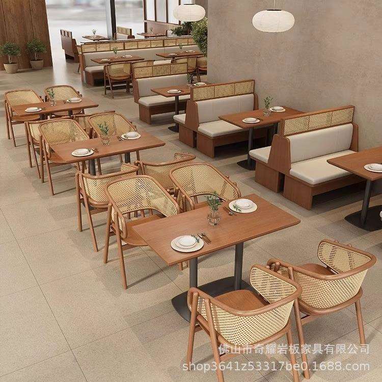 复古弧形实木藤编卡座沙发商用东南亚餐厅饭店餐饮店西餐厅桌椅