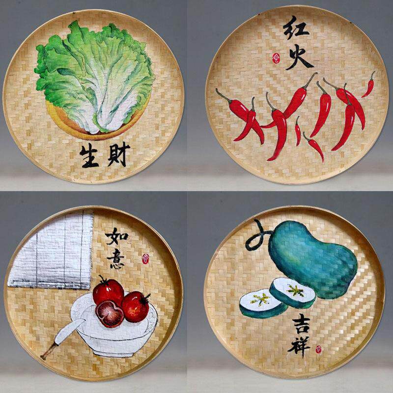 手绘竹编簸箕画 画农庄休闲 农场墙面装饰画 画农作物挂件蔬菜瓜