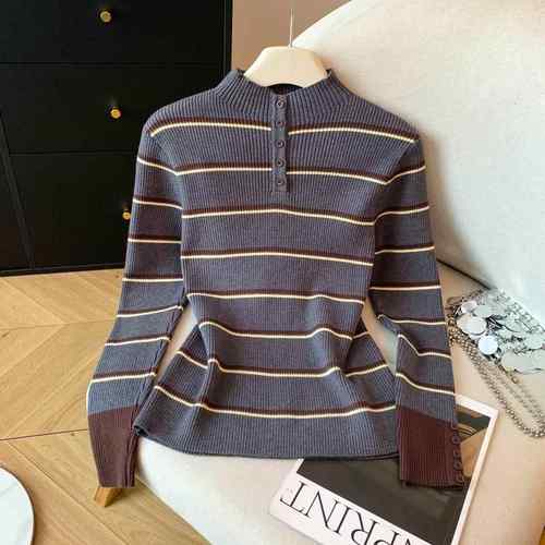新款洋气秋冬年感拼色条纹针织衫女高领显瘦内搭上衣1218h