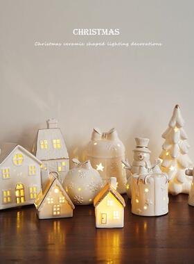 高档精致孤品 出口北欧描金边镂空房子圣诞树陶瓷灯饰摆件 小礼物