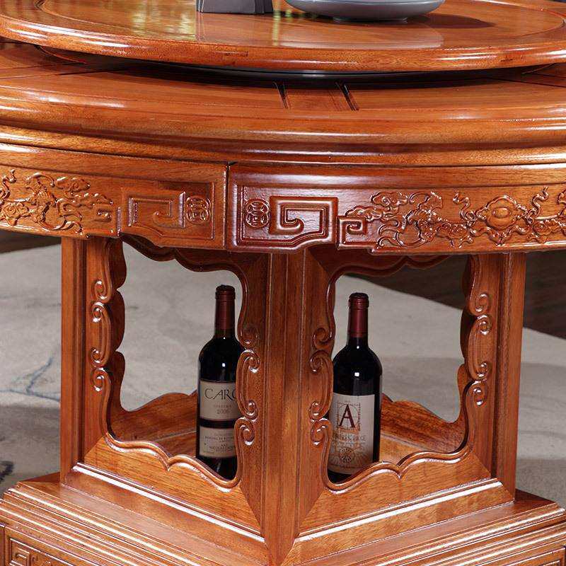 中式实木圆餐桌花梨木大圆桌家用饭桌10人仿古雕花餐桌椅组合