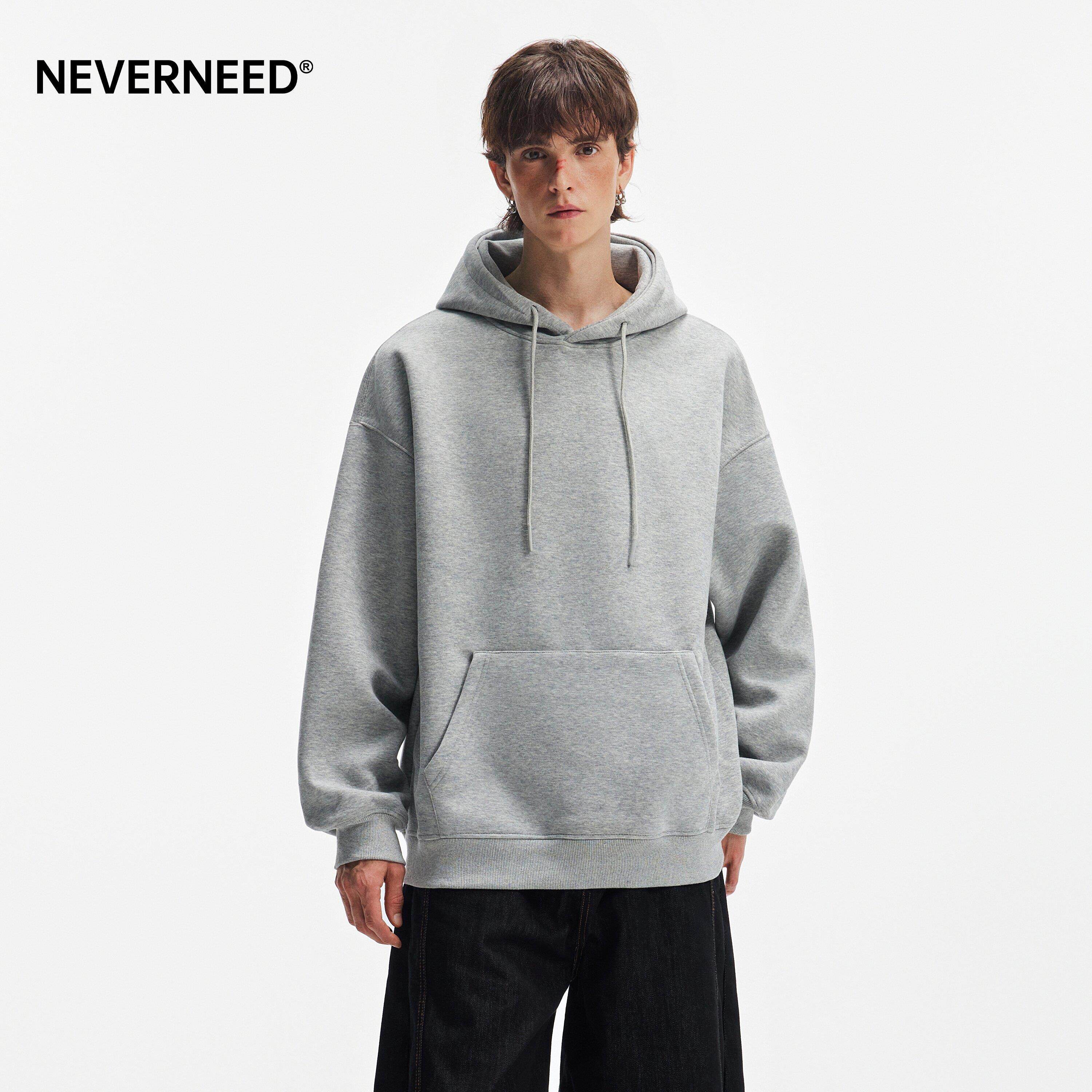 NEVERNEED纯色重磅连帽卫衣男女秋季美式纯色复古情侣套头帽衫潮