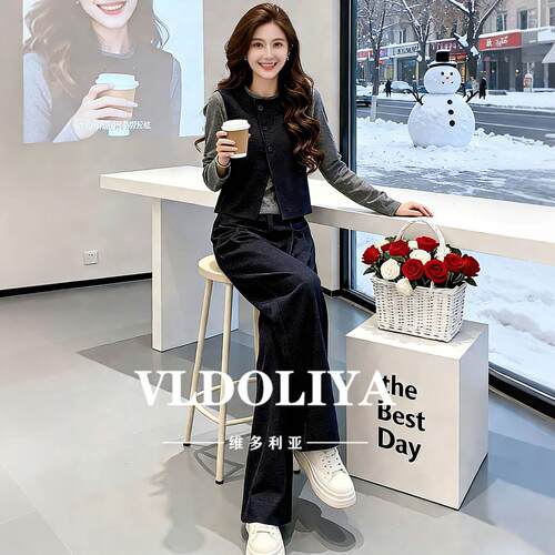 VLDOLIYA维多利亚女2026春季港风气质马甲内搭打底衫阔腿裤三件套