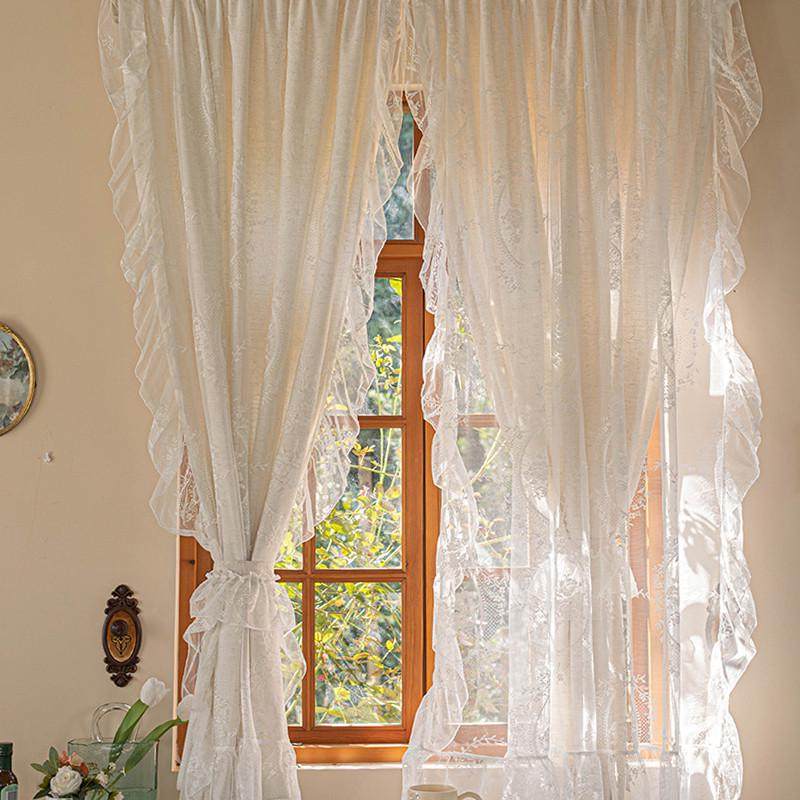 法式双层窗帘布加纱蕾丝浪漫美式半遮光卧室飘窗小窗户纱帘米色,居家布艺,定制窗帘,淘宝优惠券,粉丝福利购,淘宝优惠卷