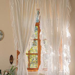 法式双层窗帘布加纱蕾丝浪漫美式半遮光卧室飘窗小窗户纱帘米色