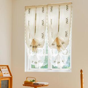 外贸棉麻刺绣提拉帘免打孔安装伸缩杆窗帘厨房隔断窗小窗户魔术贴