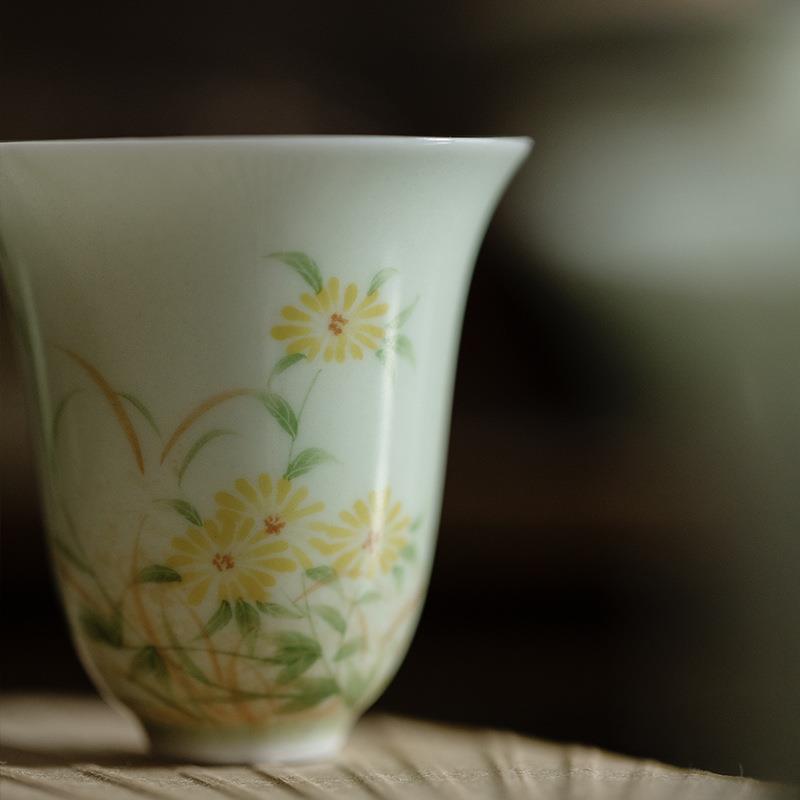 无落 杏黄釉纯手绘野菊赋聚香杯闻香杯家用陶瓷品茗杯主人杯单个