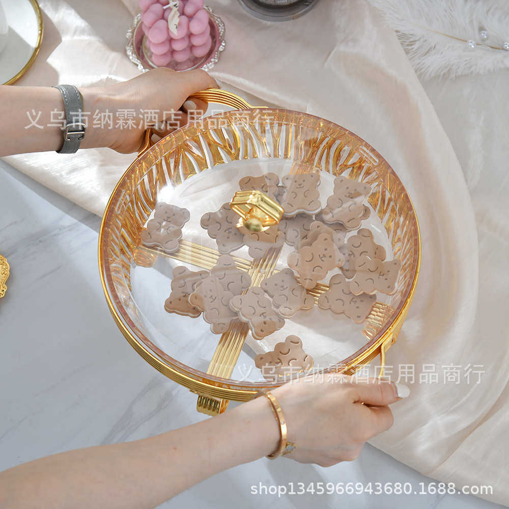 新款金色镶边带盖果盘透明亚克力圆形食品防尘罩零食点心展示果盘